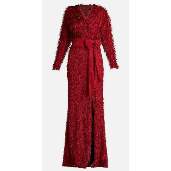 NWT Tadashi Shoji Red Beya Eyelash Yarn Long Dress Crystal Bow Size Medium $558 - Picture 1 of 16